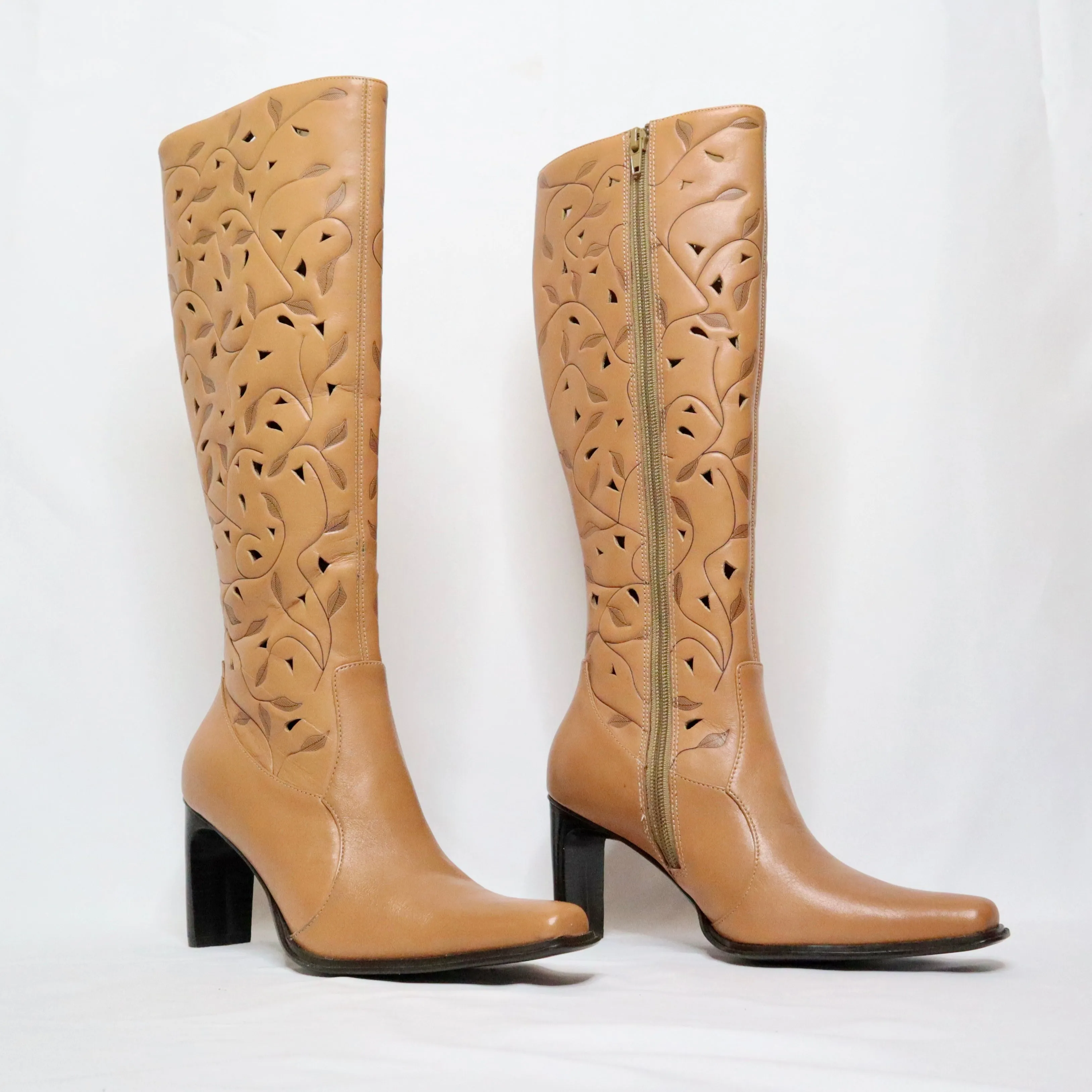 90s Brown Leather High Heel Boots (6 US)