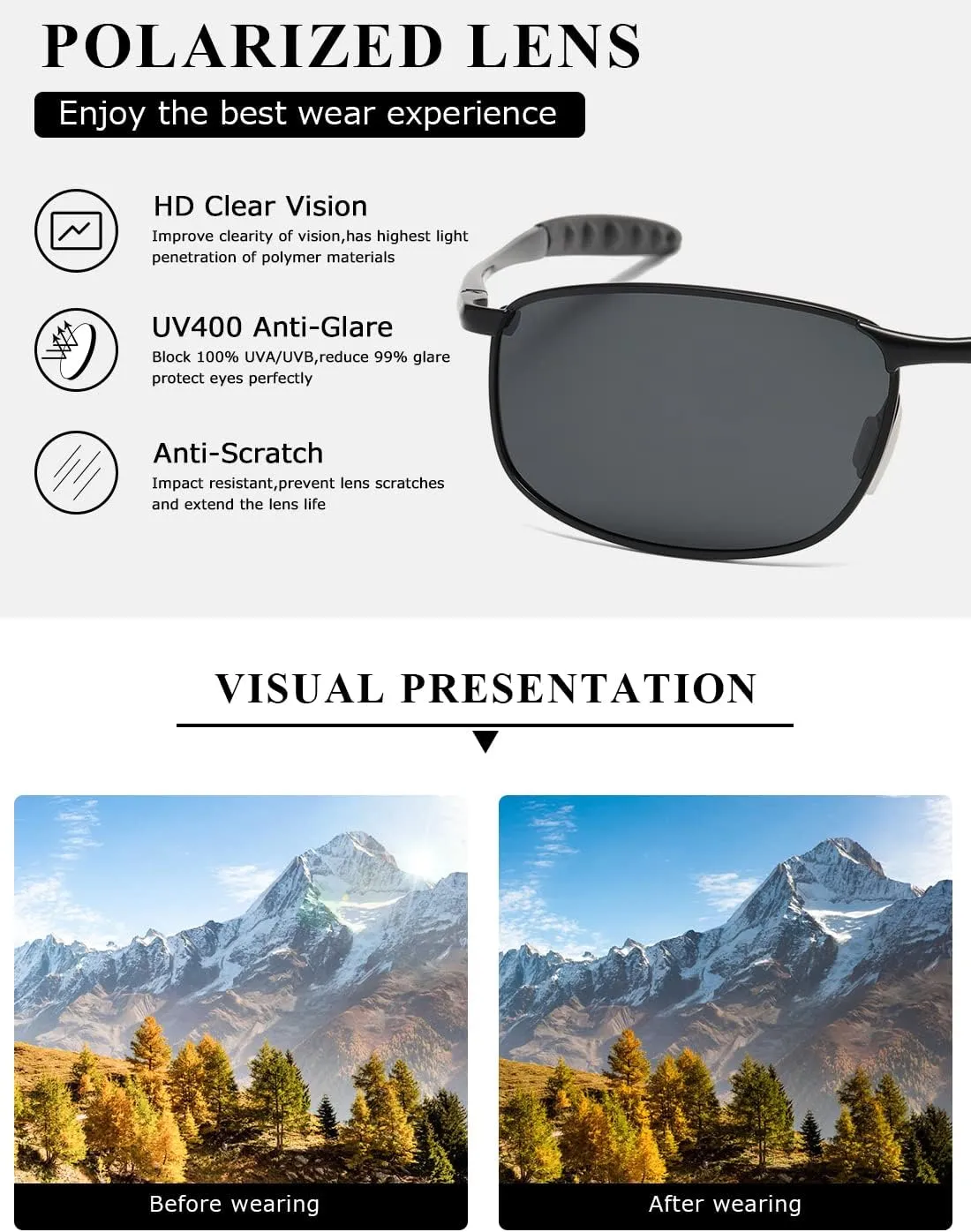 AEVOGUE Polarized Sunglasses For Men Rectangle Metal Frame Retro Sun Glasses AE0395