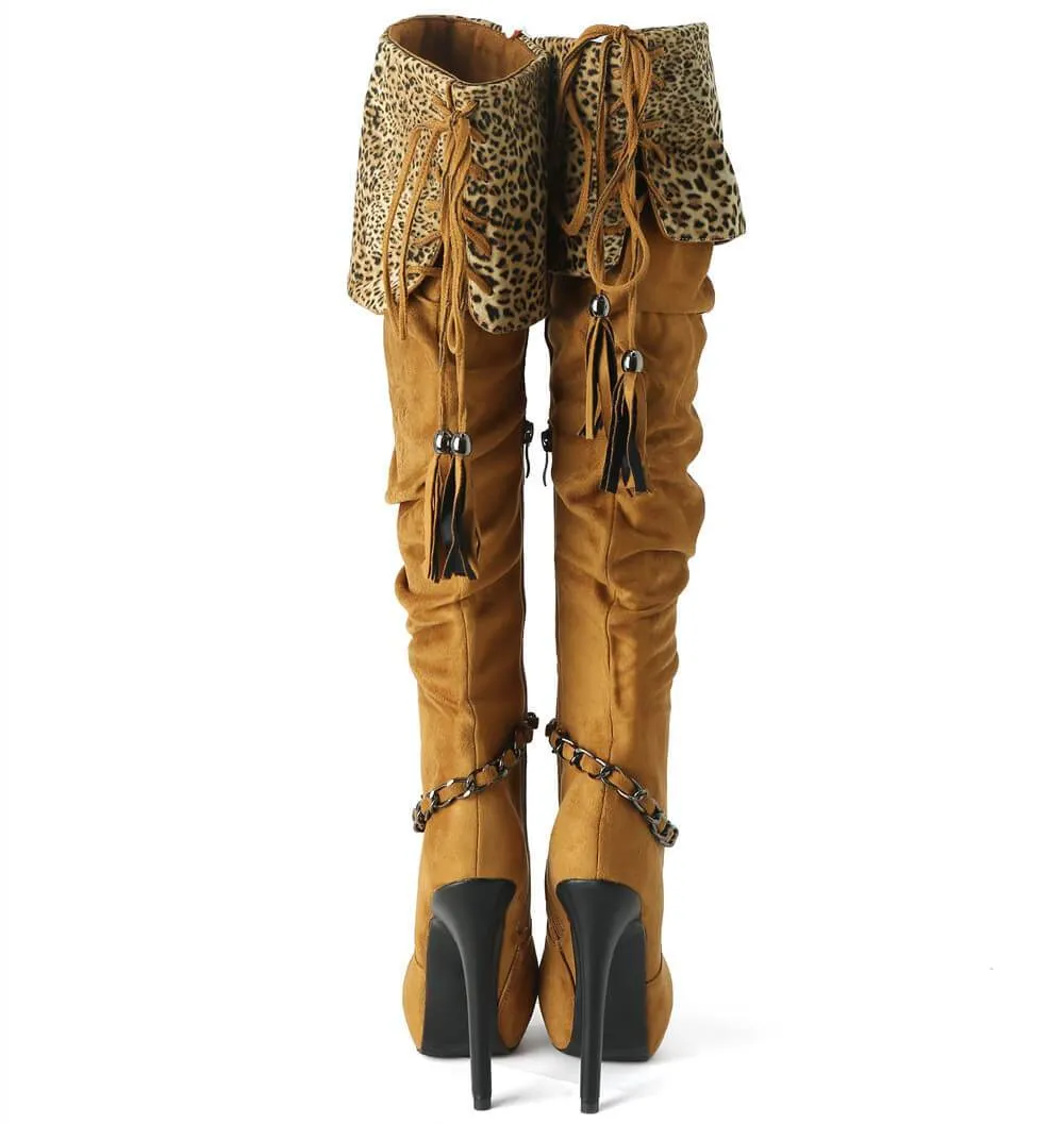 Brown Suede Leopard Platform Knee High Boots