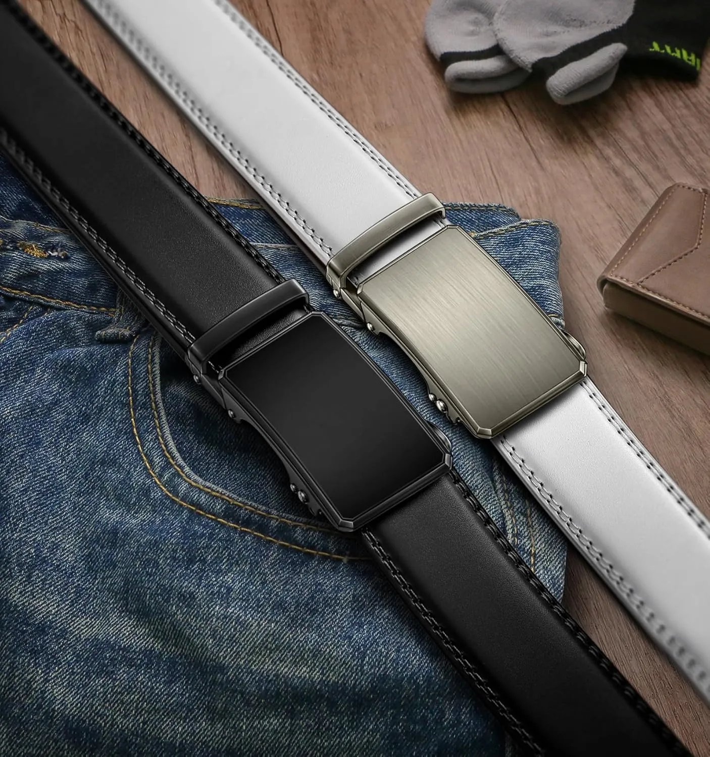 BULLIANT Men Belt 2Pack Ratchet Belt Adjustable For Gift Men Dress Jeans Casual Pants 1 3/8-Cut For Fit