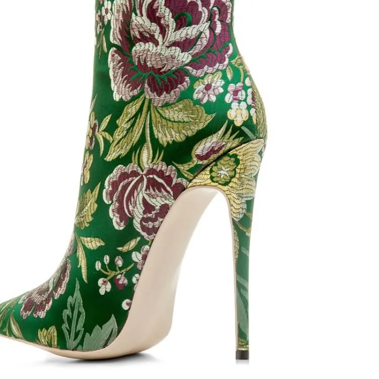 Flower Print Bright Color Pointed Toe High Heel Ankle Boots