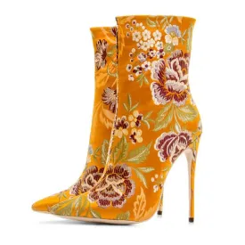 Flower Print Bright Color Pointed Toe High Heel Ankle Boots