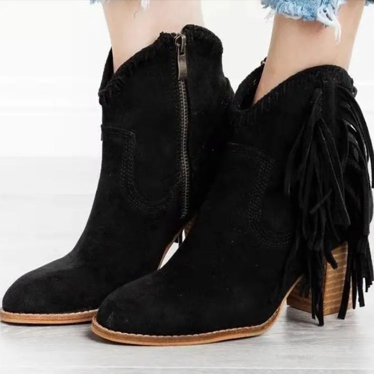 Leopard Print High Heel Fringe Suede Ankle Boots