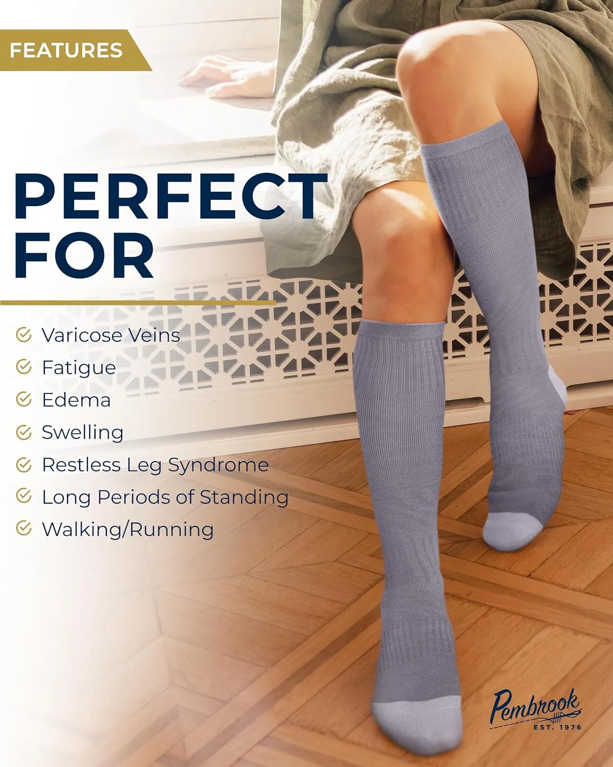 Pembrook Bamboo Viscose Light Compression Socks - 3 Pairs | 8-15 mmhg Compression Socks | Knee High Comfort Support Socks
