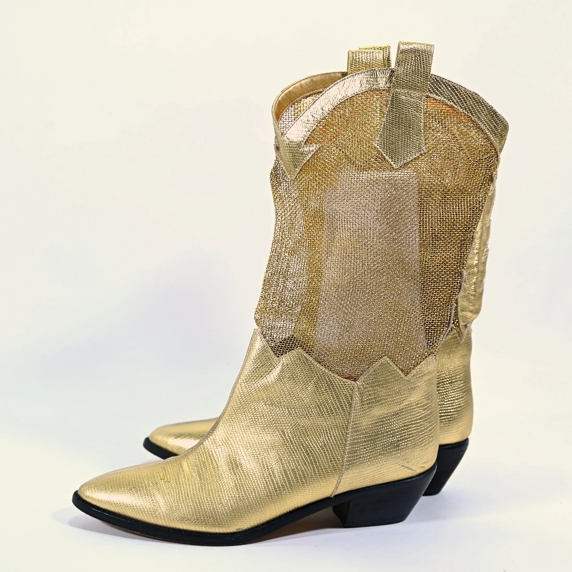 SOLD Vintage Gold Mesh Faux Reptile Slouchy Western Boots Size 6.5