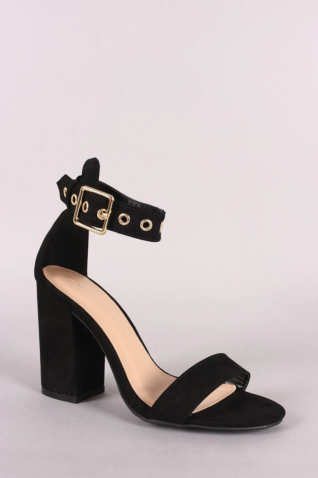 Wild Diva Lounge Buckled Grommet Suede Open Toe Chunky Heel
