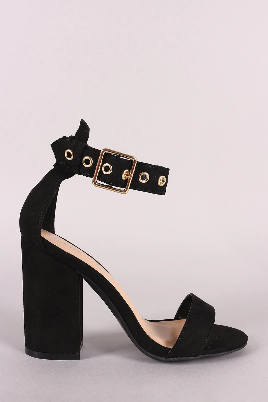 Wild Diva Lounge Buckled Grommet Suede Open Toe Chunky Heel