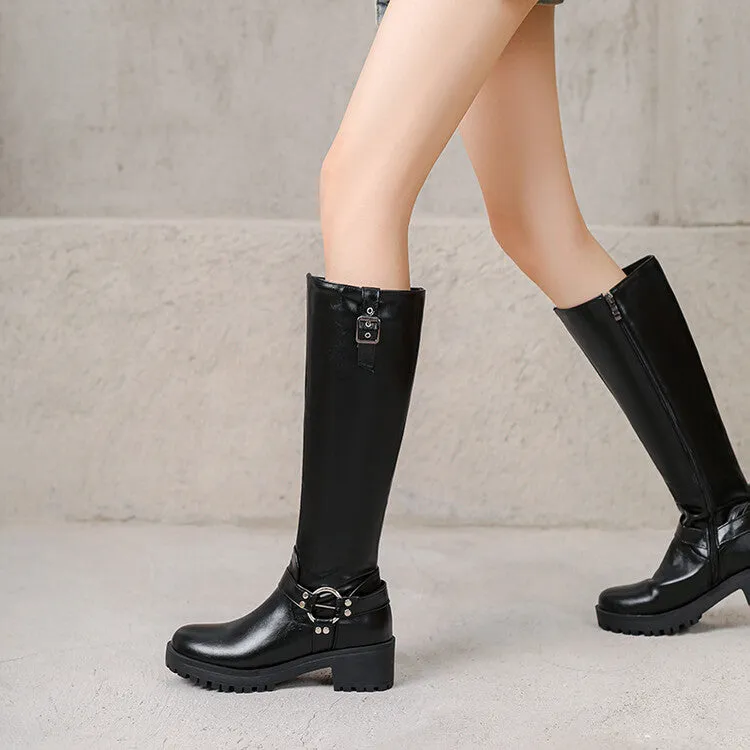 Women's Buckle Strap Round Toe Platform Knee High Boots