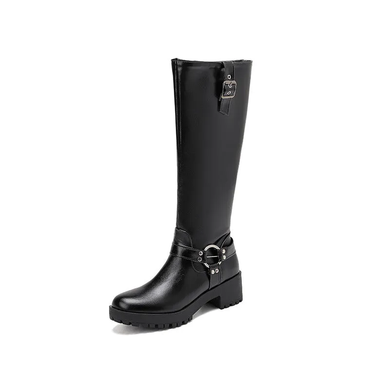 Women's Buckle Strap Round Toe Platform Knee High Boots