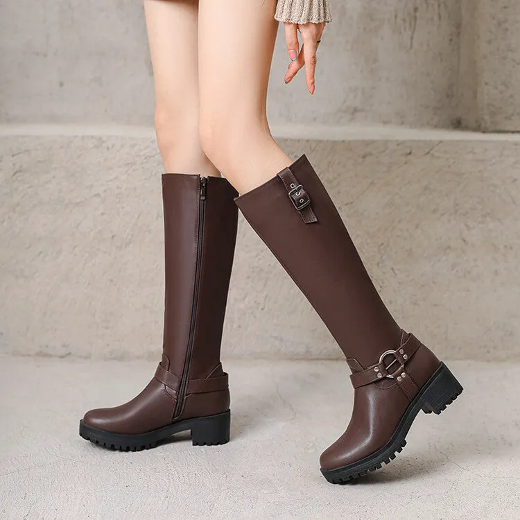 Women's Buckle Strap Round Toe Platform Knee High Boots