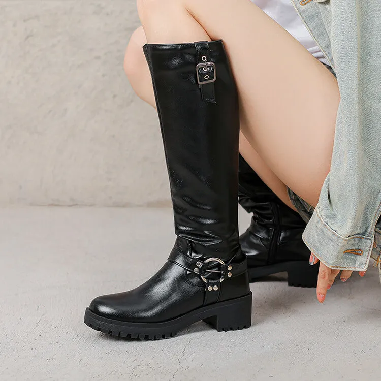 Women's Buckle Strap Round Toe Platform Knee High Boots
