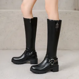 Women's Buckle Strap Round Toe Platform Knee High Boots