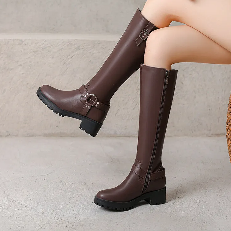 Women's Buckle Strap Round Toe Platform Knee High Boots