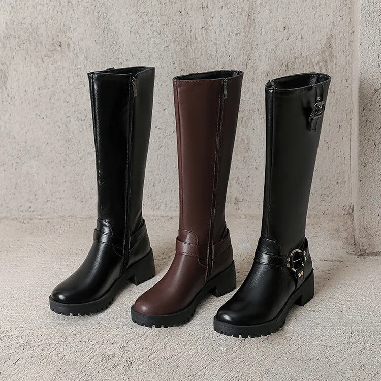 Women's Buckle Strap Round Toe Platform Knee High Boots