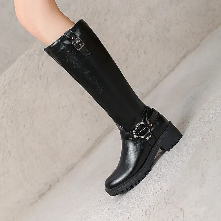 Women's Buckle Strap Round Toe Platform Knee High Boots