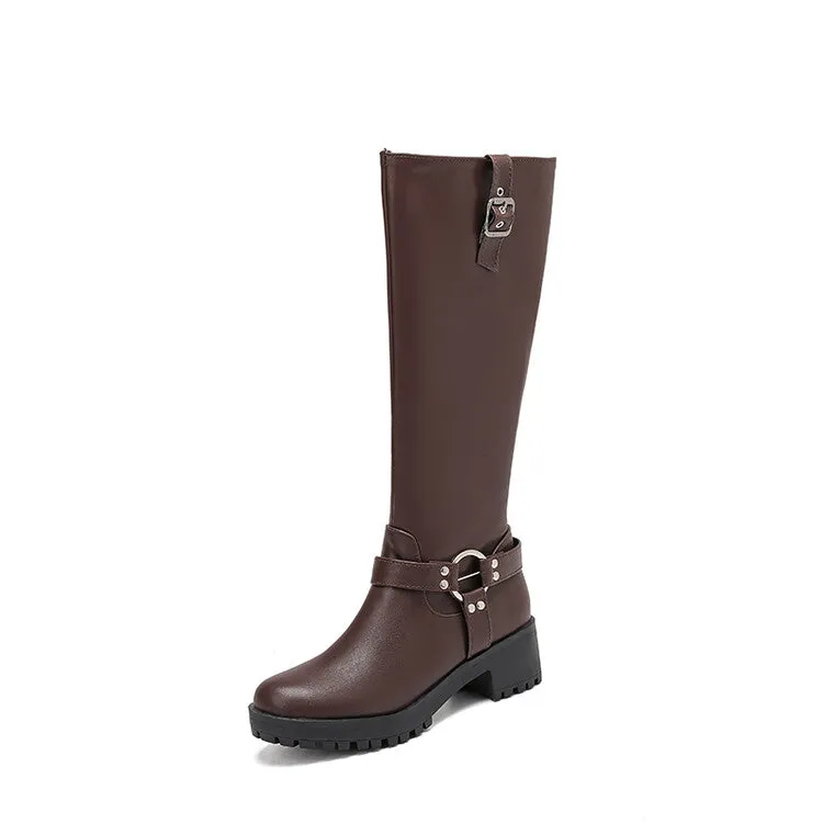 Women's Buckle Strap Round Toe Platform Knee High Boots