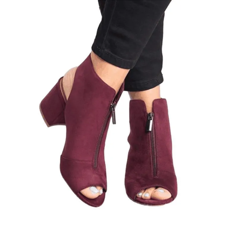 Women's front zipper chunky peep toe sandals booties