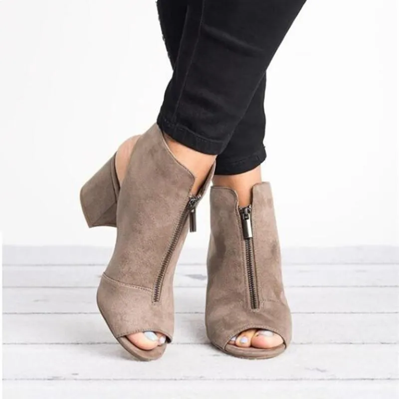 Women's front zipper chunky peep toe sandals booties