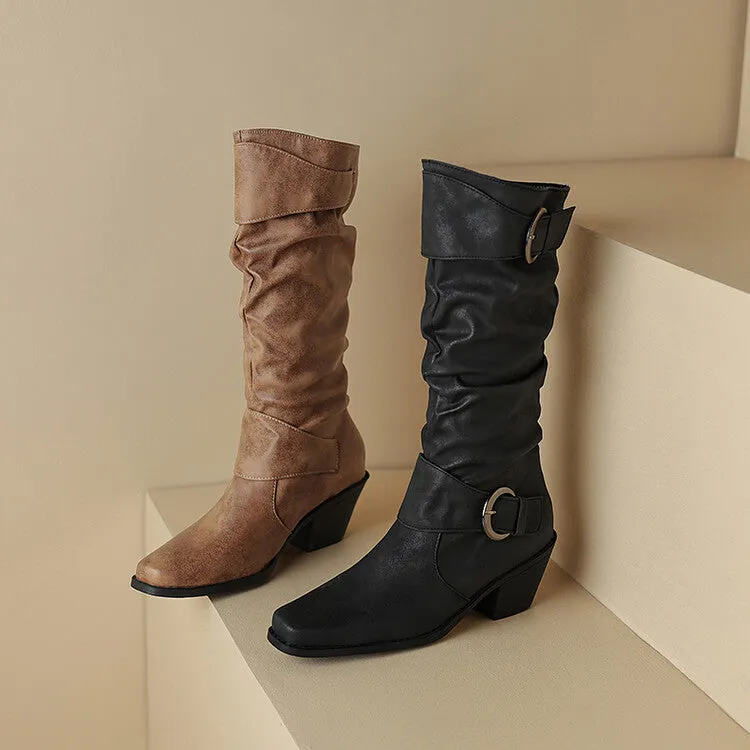 Women's Pleated Buckle Strap Block Heels Knee High Boots