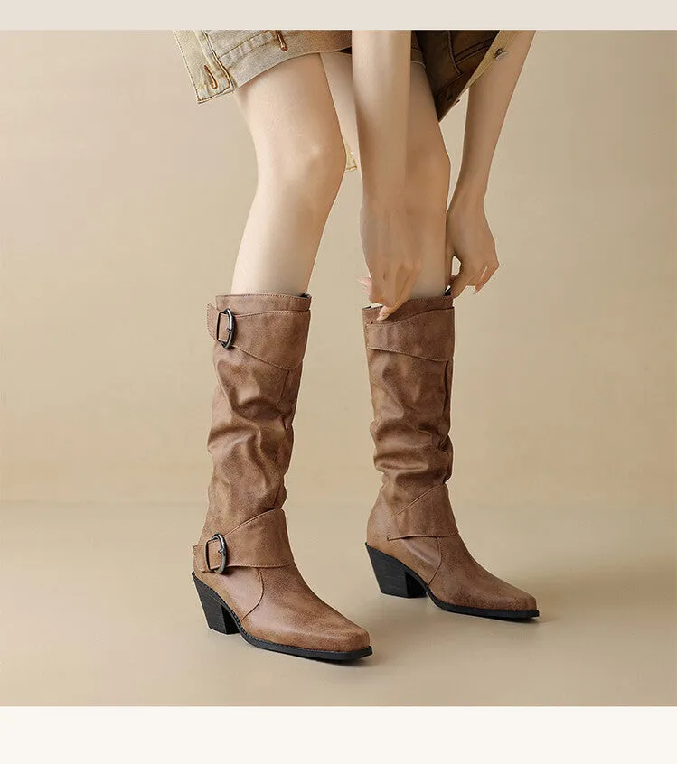 Women's Pleated Buckle Strap Block Heels Knee High Boots
