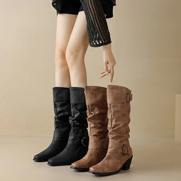 Women's Pleated Buckle Strap Block Heels Knee High Boots