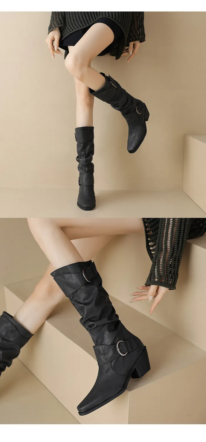 Women's Pleated Buckle Strap Block Heels Knee High Boots