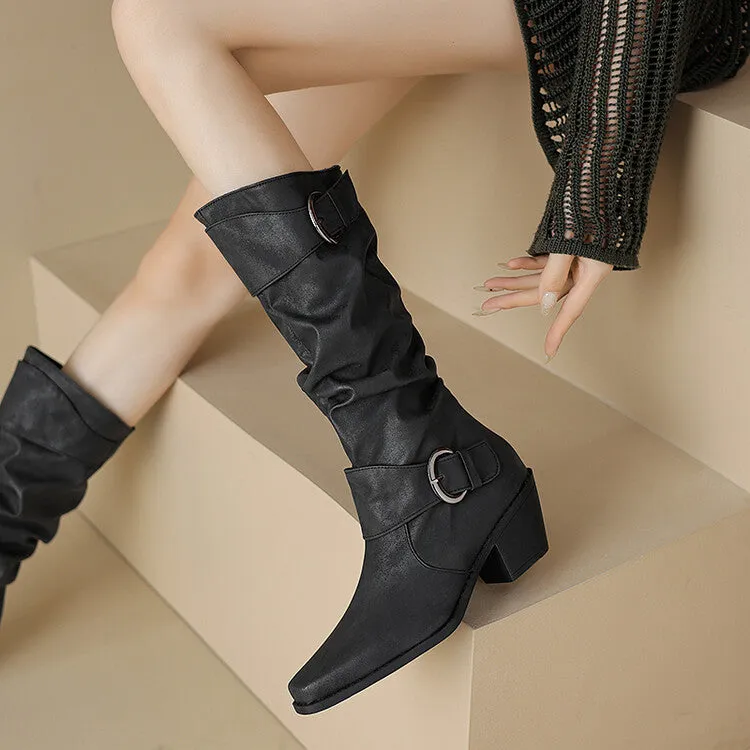 Women's Pleated Buckle Strap Block Heels Knee High Boots