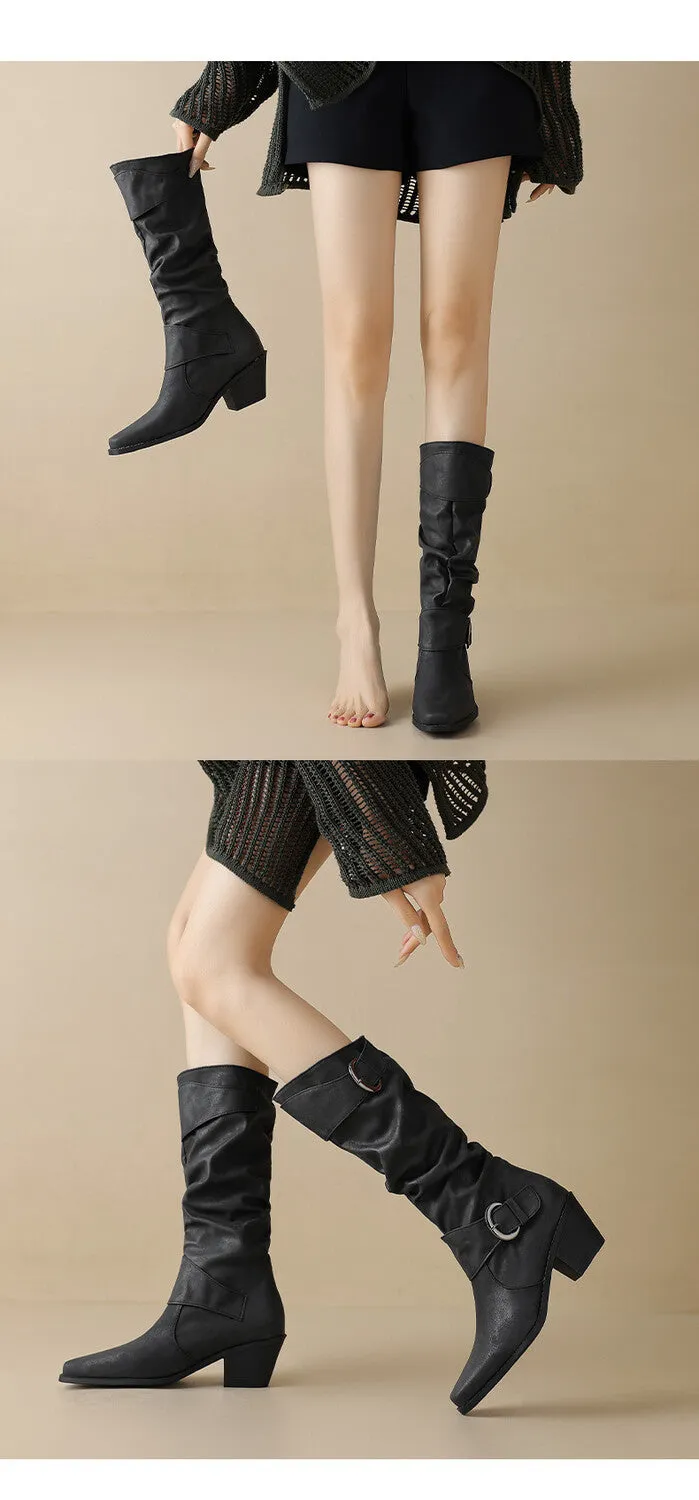 Women's Pleated Buckle Strap Block Heels Knee High Boots