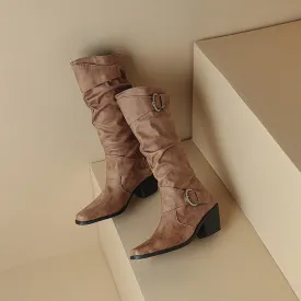 Women's Pleated Buckle Strap Block Heels Knee High Boots