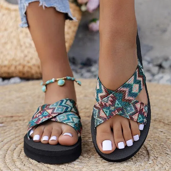 Women's Retro Flat Cross Bohemian Beach Slippers 67305418S