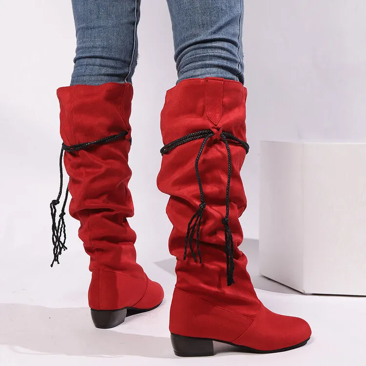 Women's Tassel Pleated Round Toe Knee-High Low Heel Boots