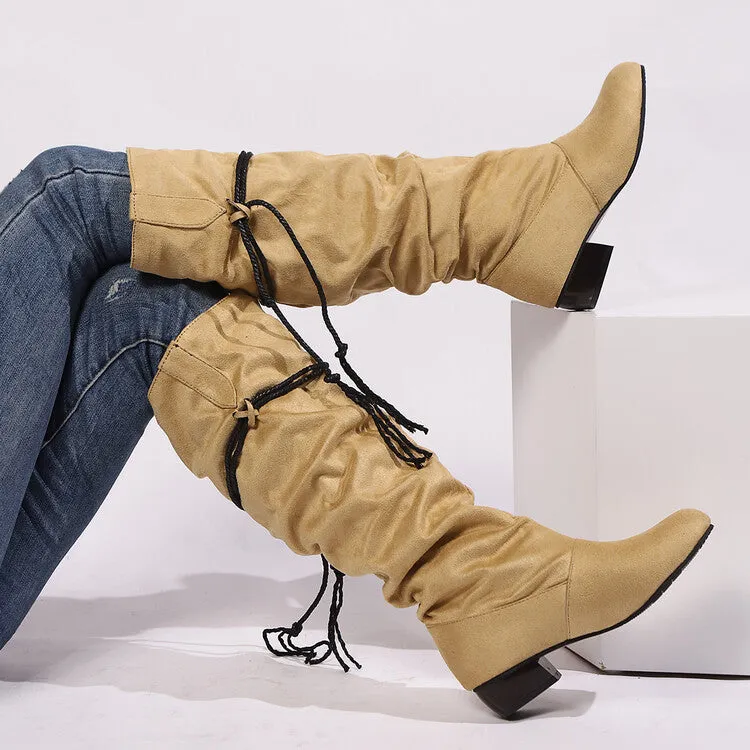 Women's Tassel Pleated Round Toe Knee-High Low Heel Boots