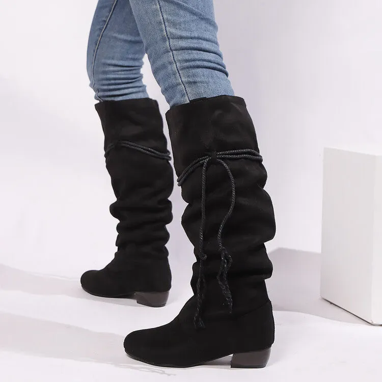 Women's Tassel Pleated Round Toe Knee-High Low Heel Boots