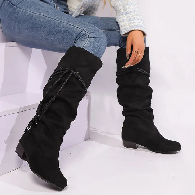 Women's Tassel Pleated Round Toe Knee-High Low Heel Boots