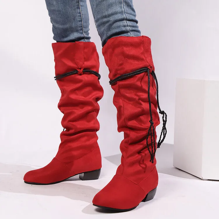 Women's Tassel Pleated Round Toe Knee-High Low Heel Boots