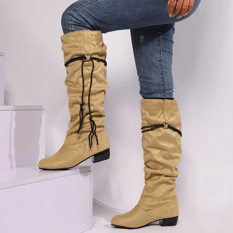 Women's Tassel Pleated Round Toe Knee-High Low Heel Boots