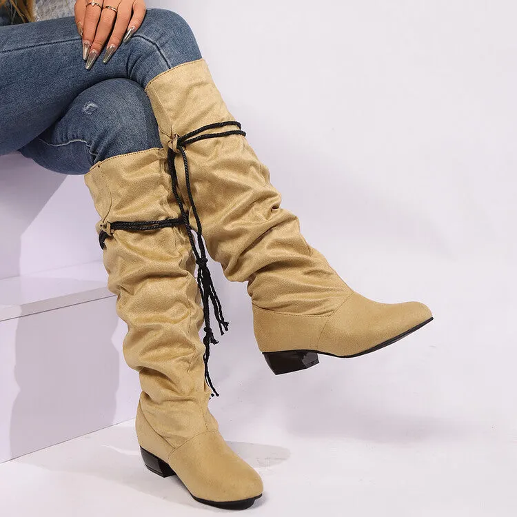 Women's Tassel Pleated Round Toe Knee-High Low Heel Boots