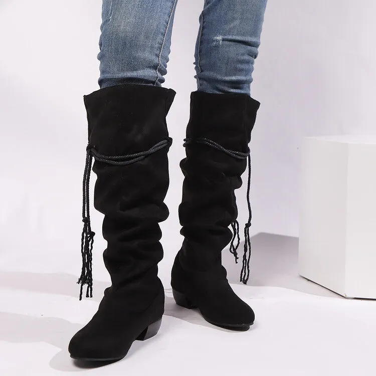 Women's Tassel Pleated Round Toe Knee-High Low Heel Boots
