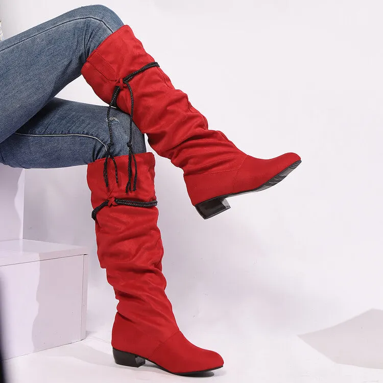 Women's Tassel Pleated Round Toe Knee-High Low Heel Boots