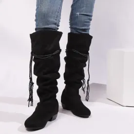 Women's Tassel Pleated Round Toe Knee-High Low Heel Boots