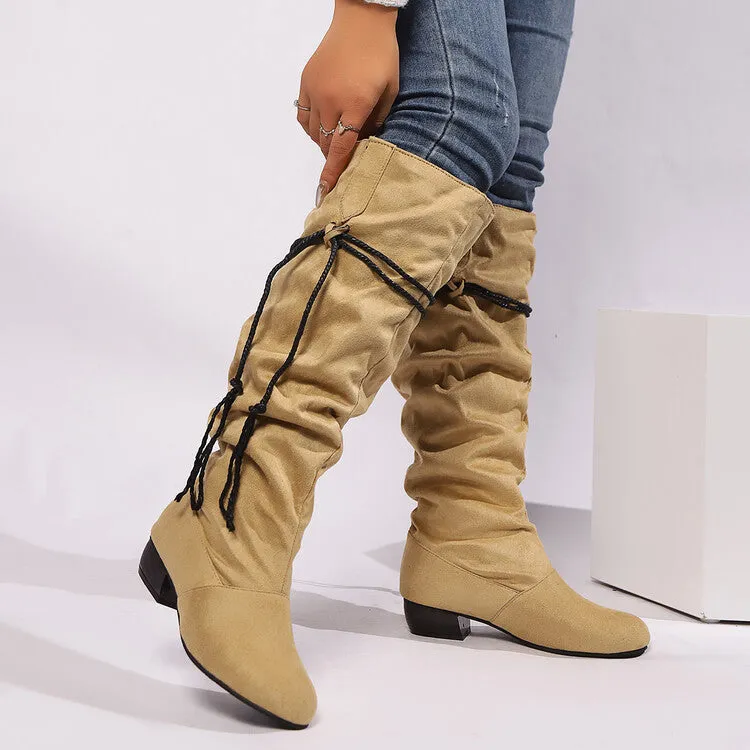 Women's Tassel Pleated Round Toe Knee-High Low Heel Boots