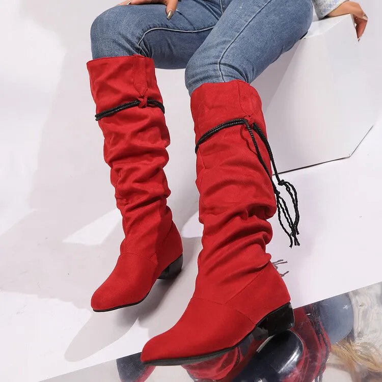 Women's Tassel Pleated Round Toe Knee-High Low Heel Boots
